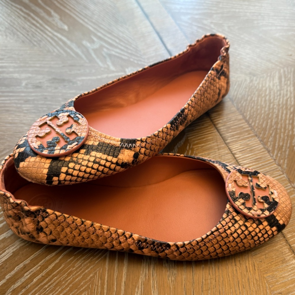 Tory Burch Minnie Travel Pink Snake Print Leather Reva Ballet Flats Size 8 M